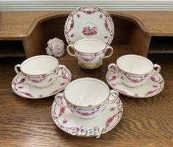 Antique Mintons Set of 4 Soup Cups Saucers Bone China Puce Pink Scenes Gold 1929