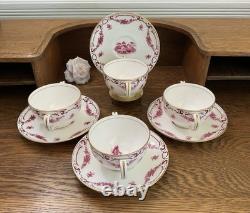 Antique Mintons Set of 4 Soup Cups Saucers Bone China Puce Pink Scenes Gold 1929