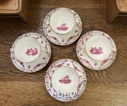 Antique Mintons Set of 4 Soup Cups Saucers Bone China Puce Pink Scenes Gold 1929