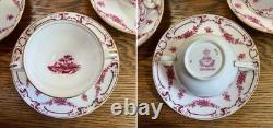 Antique Mintons Set of 4 Soup Cups Saucers Bone China Puce Pink Scenes Gold 1929