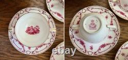 Antique Mintons Set of 4 Soup Cups Saucers Bone China Puce Pink Scenes Gold 1929