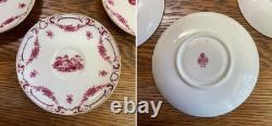 Antique Mintons Set of 4 Soup Cups Saucers Bone China Puce Pink Scenes Gold 1929