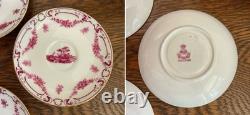Antique Mintons Set of 4 Soup Cups Saucers Bone China Puce Pink Scenes Gold 1929