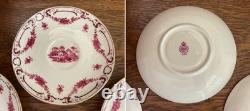 Antique Mintons Set of 4 Soup Cups Saucers Bone China Puce Pink Scenes Gold 1929
