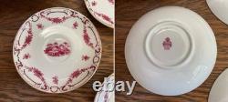 Antique Mintons Set of 4 Soup Cups Saucers Bone China Puce Pink Scenes Gold 1929