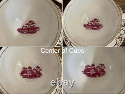 Antique Mintons Set of 4 Soup Cups Saucers Bone China Puce Pink Scenes Gold 1929