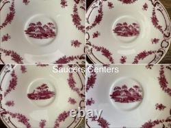 Antique Mintons Set of 4 Soup Cups Saucers Bone China Puce Pink Scenes Gold 1929