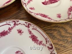Antique Mintons Set of 4 Soup Cups Saucers Bone China Puce Pink Scenes Gold 1929