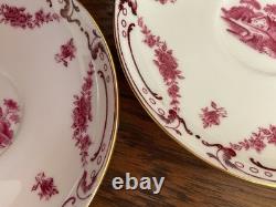 Antique Mintons Set of 4 Soup Cups Saucers Bone China Puce Pink Scenes Gold 1929