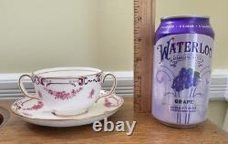 Antique Mintons Set of 4 Soup Cups Saucers Bone China Puce Pink Scenes Gold 1929