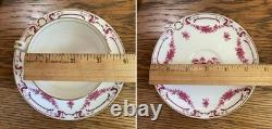 Antique Mintons Set of 4 Soup Cups Saucers Bone China Puce Pink Scenes Gold 1929