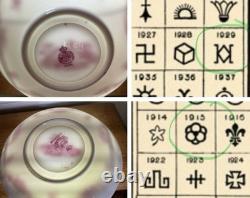 Antique Mintons Set of 4 Soup Cups Saucers Bone China Puce Pink Scenes Gold 1929