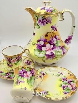 Antique Nippon Violets Gold Floral Chocolate Pot Cups & Saucers Hand Painted