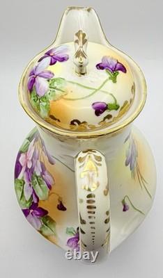 Antique Nippon Violets Gold Floral Chocolate Pot Cups & Saucers Hand Painted