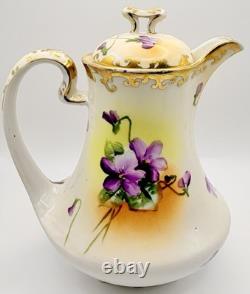 Antique Nippon Violets Gold Floral Chocolate Pot Cups & Saucers Hand Painted