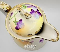 Antique Nippon Violets Gold Floral Chocolate Pot Cups & Saucers Hand Painted