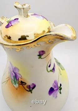 Antique Nippon Violets Gold Floral Chocolate Pot Cups & Saucers Hand Painted