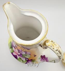 Antique Nippon Violets Gold Floral Chocolate Pot Cups & Saucers Hand Painted