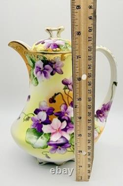 Antique Nippon Violets Gold Floral Chocolate Pot Cups & Saucers Hand Painted