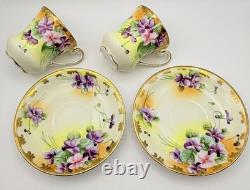 Antique Nippon Violets Gold Floral Chocolate Pot Cups & Saucers Hand Painted