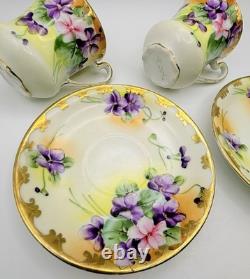 Antique Nippon Violets Gold Floral Chocolate Pot Cups & Saucers Hand Painted