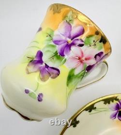 Antique Nippon Violets Gold Floral Chocolate Pot Cups & Saucers Hand Painted