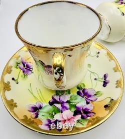 Antique Nippon Violets Gold Floral Chocolate Pot Cups & Saucers Hand Painted