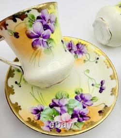 Antique Nippon Violets Gold Floral Chocolate Pot Cups & Saucers Hand Painted