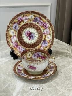 Antique Noritake Trio Tea Cup Saucer Plate Hand Painted Floral Gold Gilt
