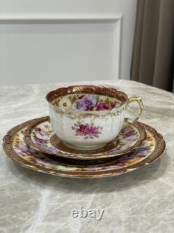 Antique Noritake Trio Tea Cup Saucer Plate Hand Painted Floral Gold Gilt
