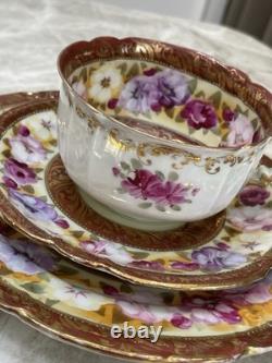Antique Noritake Trio Tea Cup Saucer Plate Hand Painted Floral Gold Gilt