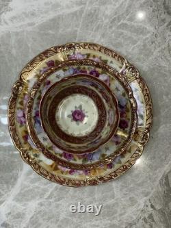 Antique Noritake Trio Tea Cup Saucer Plate Hand Painted Floral Gold Gilt