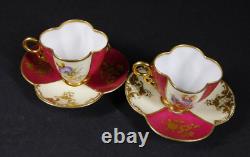 Antique Pair Dresden Courting Couple Floral Demitasse Cups & Saucers w Gold Trim