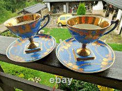 Antique Pair Sevres Porcelain BLUE GOLD DIAMOND Base Cups Saucers c. 18th-rare