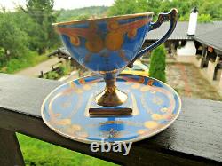 Antique Pair Sevres Porcelain BLUE GOLD DIAMOND Base Cups Saucers c. 18th-rare