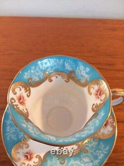 Antique Paragon tea cup and saucer Turquoise and gold Rose, Flowers