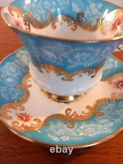 Antique Paragon tea cup and saucer Turquoise and gold Rose, Flowers