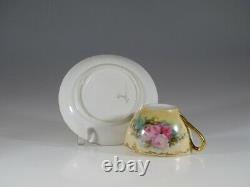 Antique Pink Roses And Gold Artist Signed Flat Tea Cup & Saucer, Germany c. 1900