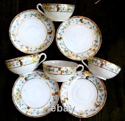 Antique Pre-1900 GOLD MORIAGE Set 4 TEACUPS w 4 SAUCERS Hand Painted Porcelain