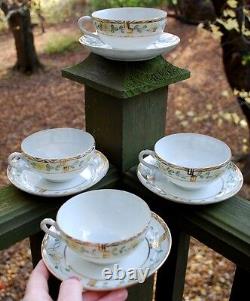 Antique Pre-1900 GOLD MORIAGE Set 4 TEACUPS w 4 SAUCERS Hand Painted Porcelain