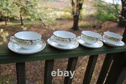 Antique Pre-1900 GOLD MORIAGE Set 4 TEACUPS w 4 SAUCERS Hand Painted Porcelain