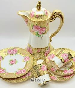 Antique RC Nippon Chocolate Pot Roses Cups Saucers Hand Painted Applied Gold