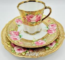 Antique RC Nippon Chocolate Pot Roses Cups Saucers Hand Painted Applied Gold