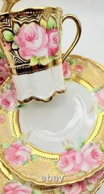 Antique RC Nippon Chocolate Pot Roses Cups Saucers Hand Painted Applied Gold