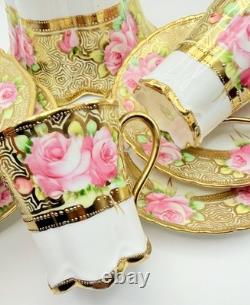 Antique RC Nippon Chocolate Pot Roses Cups Saucers Hand Painted Applied Gold