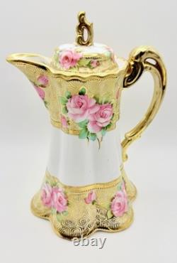Antique RC Nippon Chocolate Pot Roses Cups Saucers Hand Painted Applied Gold