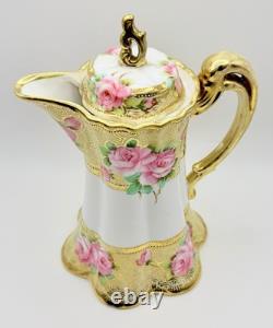 Antique RC Nippon Chocolate Pot Roses Cups Saucers Hand Painted Applied Gold