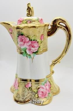 Antique RC Nippon Chocolate Pot Roses Cups Saucers Hand Painted Applied Gold