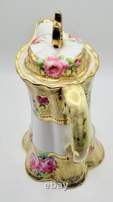 Antique RC Nippon Chocolate Pot Roses Cups Saucers Hand Painted Applied Gold