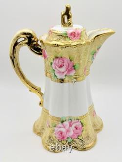 Antique RC Nippon Chocolate Pot Roses Cups Saucers Hand Painted Applied Gold